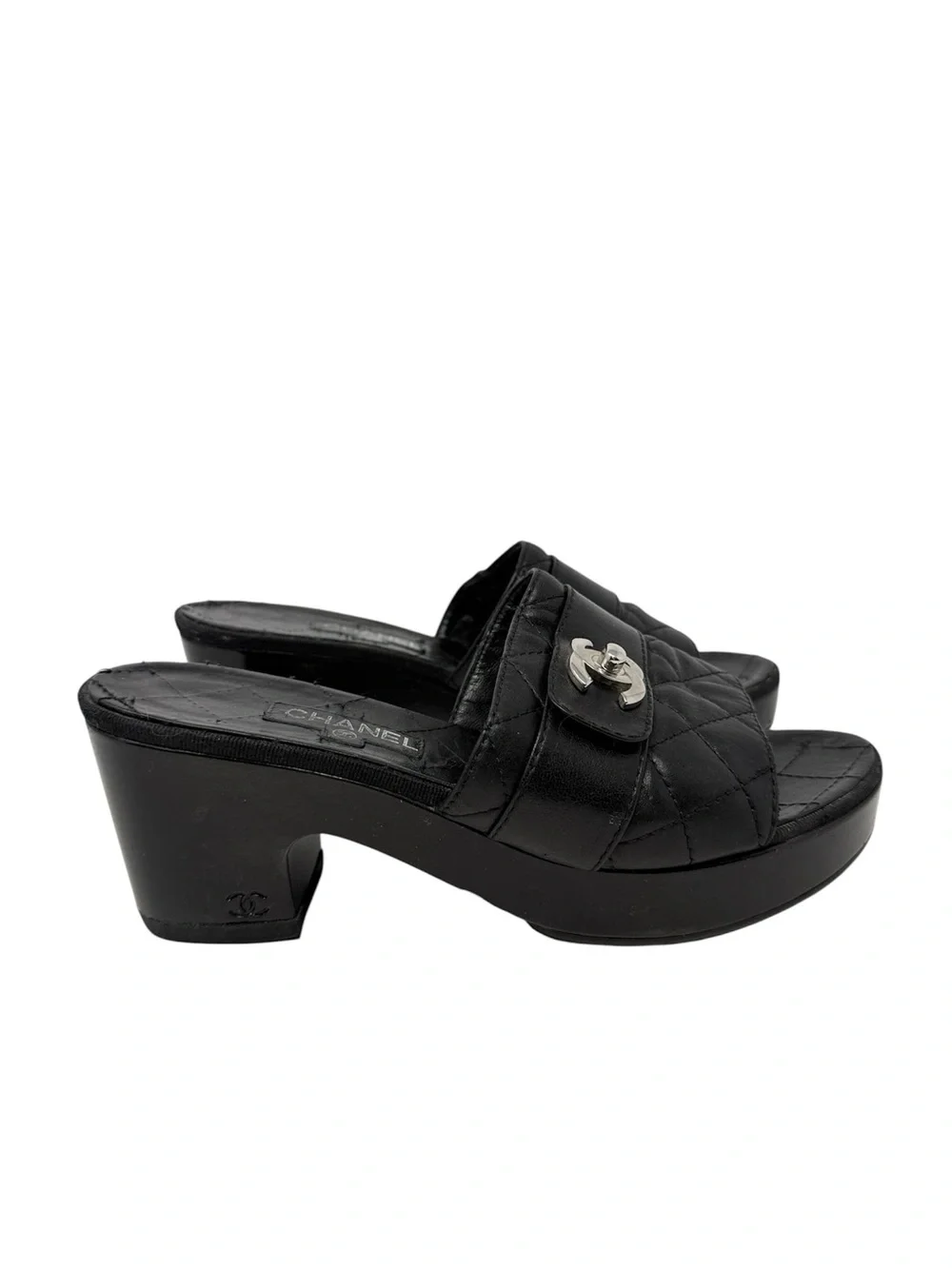 Chanel Black Quilted CC Slip On Turnlock Platform Mules Slides Clogs Sandals 38